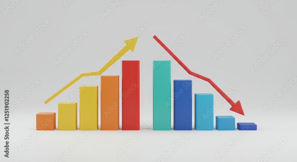 Poster rising and falling bar graph - colorful 3d bar graph illustrating contrasting trends: growth and dec