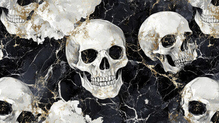 Artistic skulls on black marble with gold veining in a modern gothic design