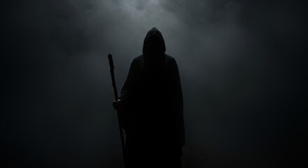 Shadowy Figure with Staff - Mysterious hooded figure, shrouded in darkness, holding a staff, symbolizing mystery, fear, secrecy, power, and the unknown.