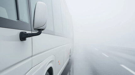 Fototapeta premium A white bus moves slowly along a deserted road shrouded in thick fog. The surrounding visibility is low, creating an eerie atmosphere typical of early morning travel conditions