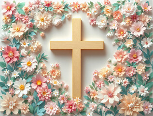 Easter Cross with Blooming Flowers &ndash; Religious Paper Cut Art