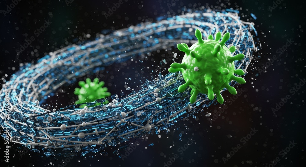 Aufkleber viral structure and network interaction - microscopic view of virus particles interacting with a com