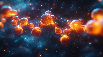 Intricate molecular structure with vibrant colors and complex patterns floating in a dark space background
