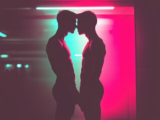 Silhouetted Gay Couple Sharing an Intimate Forehead Touch Under Vibrant Neon Pink and Teal Lights in an Urban Setting