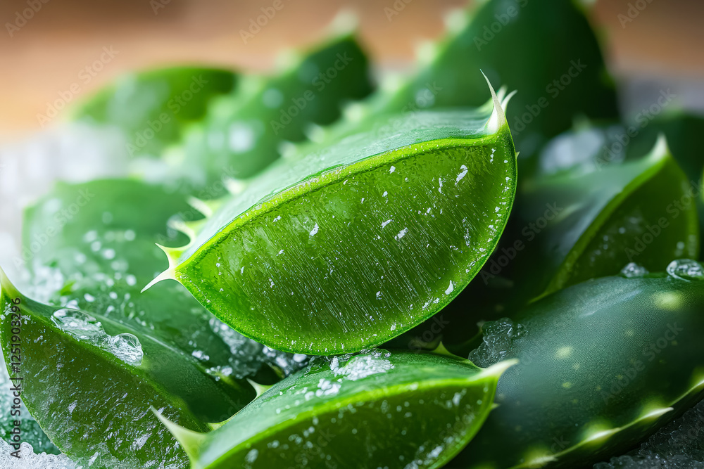 Poster bunch of green aloe vera leaves are on top of a table with ice cubes. the leaves are arranged in a w