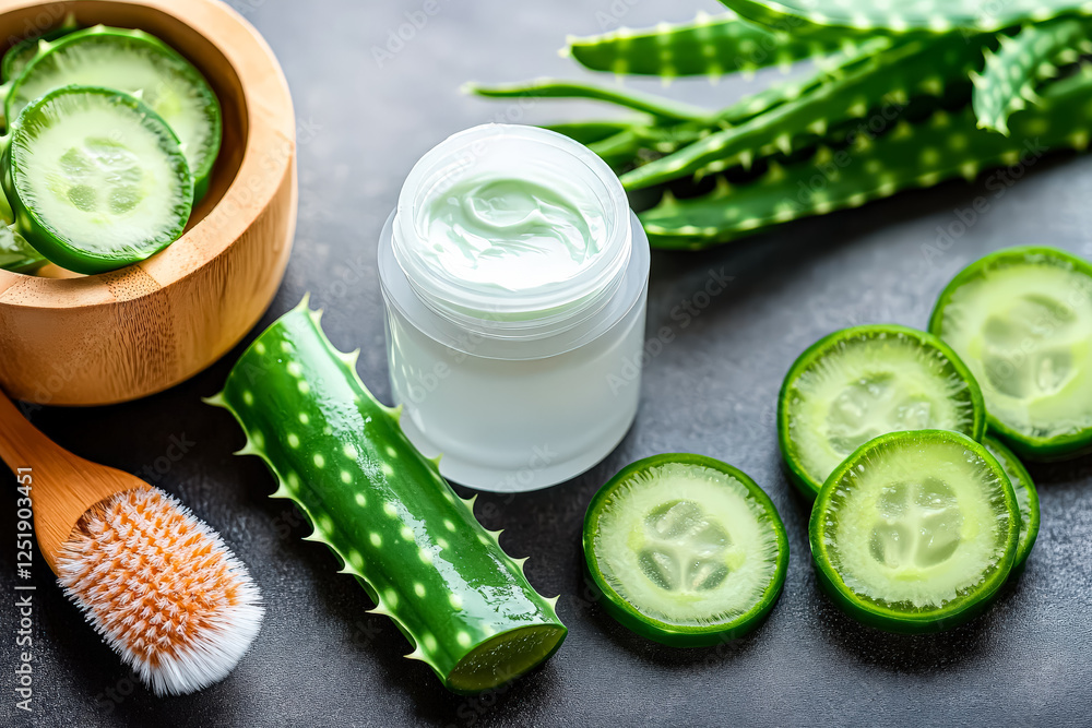 Fototapete bowl of cucumbers and a jar of cucumber cream sit on a table. the cucumbers are sliced and arranged 