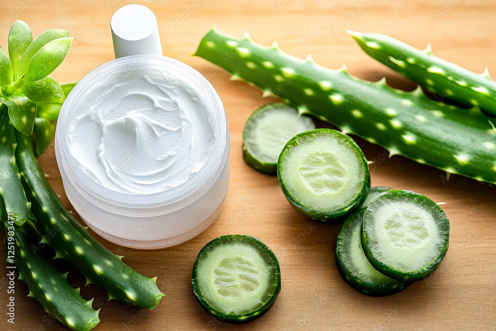 Aufkleber bowl of cucumbers and a jar of cucumber cream sit on a table. the cucumbers are sliced and arranged 