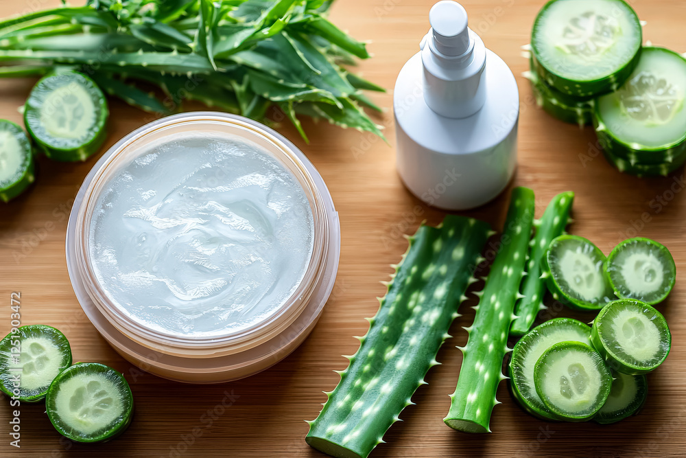 Poster table with a jar of cream, a bottle of perfume, and cucumber slices. the table is set up for a spa d