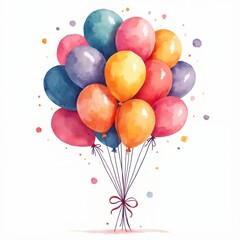 Watercolor illustration of bunch of colorful balloons tied with ribbon. Air balloons of different colors ideal for birthday holiday cards, celebration designs. Isolated on white background with