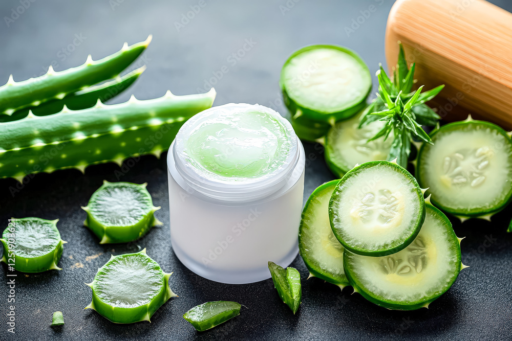 Poster jar of cream is placed on a wooden table with cucumber slices and a green aloe vera plant. the cream