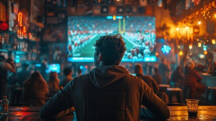 Fototapeta premium A group of people watching tv football in a sports bar.