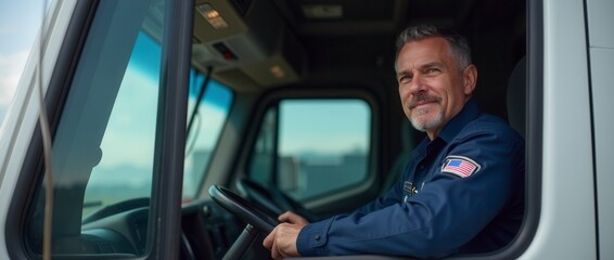 Confident Professional Adult Truck Driver in Delivery Vehicle