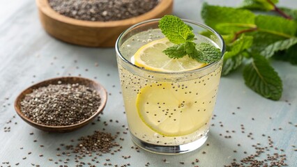 Refreshing chia seed lemonade served in a glass with a lemon slice and mint leaves on a rustic table
