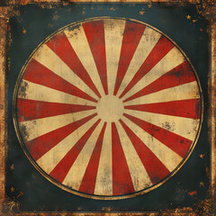 Aged circular sunburst emblem with vintage distressed frame and dark textured background