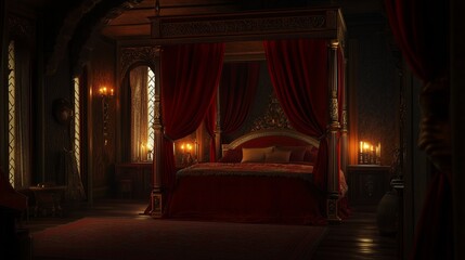 A luxurious medieval-inspired bedroom featuring an opulent canopy bed with rich velvet drapery, antique furniture, and warm candlelit ambiance, evoking a regal and historic atmosphere