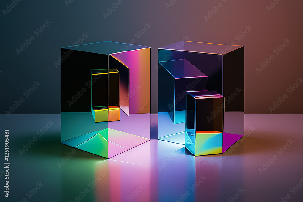 Aufkleber two cubes are reflected in a mirror, one is green and the other is blue. the cubes are arranged in a