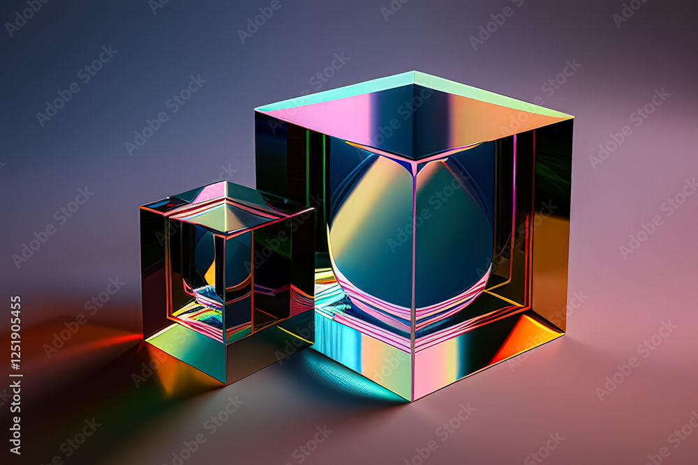 Poster two cubes made of glass are placed on a table. the cubes are of different sizes and colors, and they