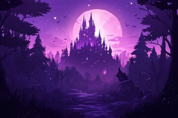 Purple fairytale castle nestled in a dark enchanted forest