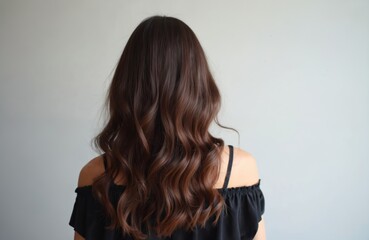 Obraz premium Rear view shows long wavy brunette hair of young woman against neutral background. It ideal for showcasing hair wellness treatments, beauty salon services, fashion or cosmetic ads.