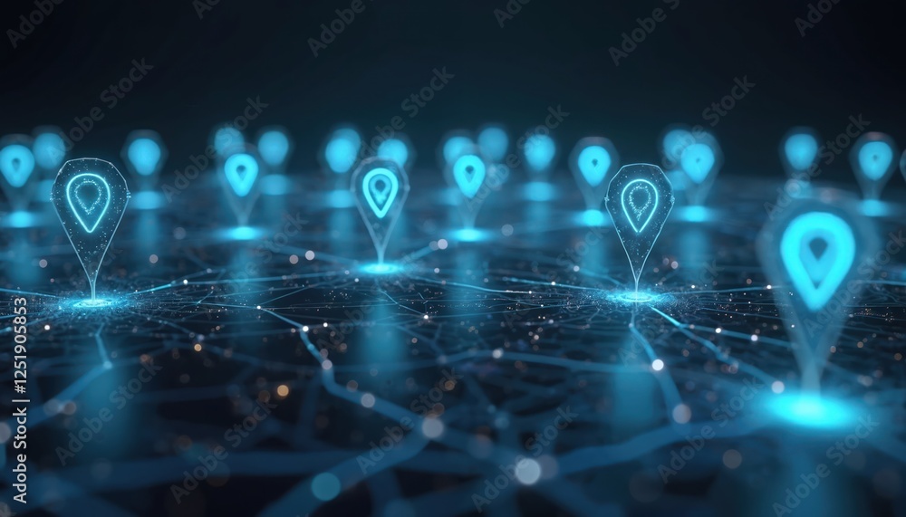 Aufkleber Abstract map shows glowing location pins interconnected with network. Digital tech visual navigation datum points in cyberspace. Interface represents global positioning system with tracking