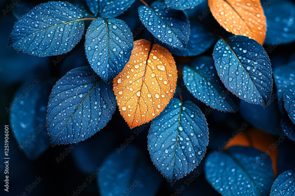 Aufkleber close up of a leaf with droplets of water on it. the leaf is surrounded by other leaves, creating a 