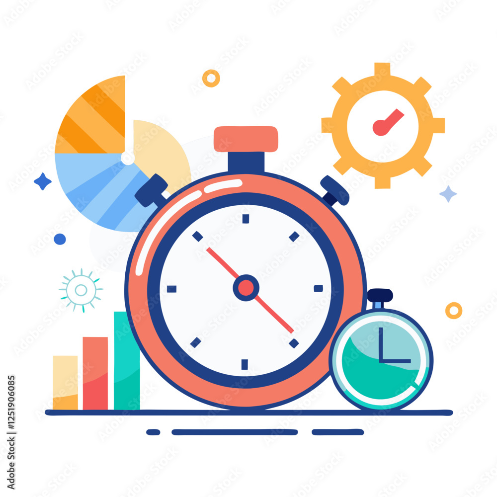 Poster a vibrant countdown timer and stopwatch are depicted alongside graphs and gears, representing the im