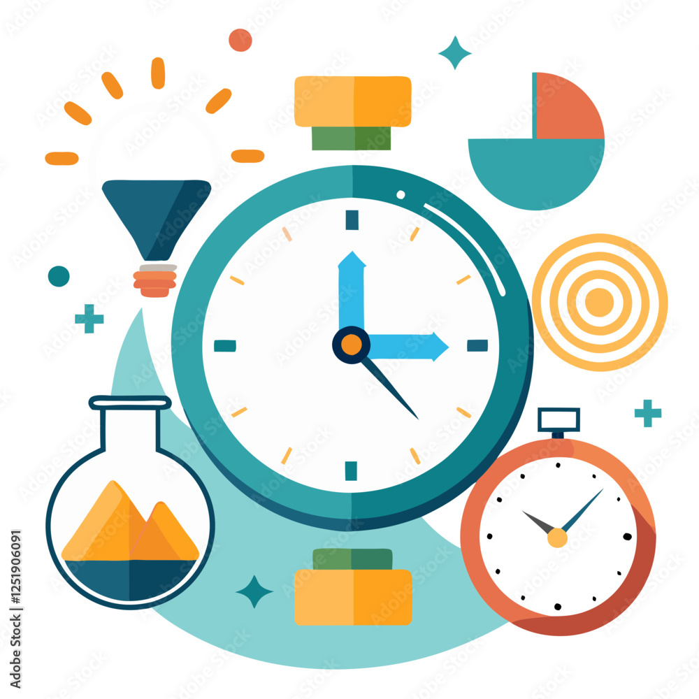 Poster a vivid graphic illustrating a countdown timer surrounded by symbols of urgency, progress, and effic