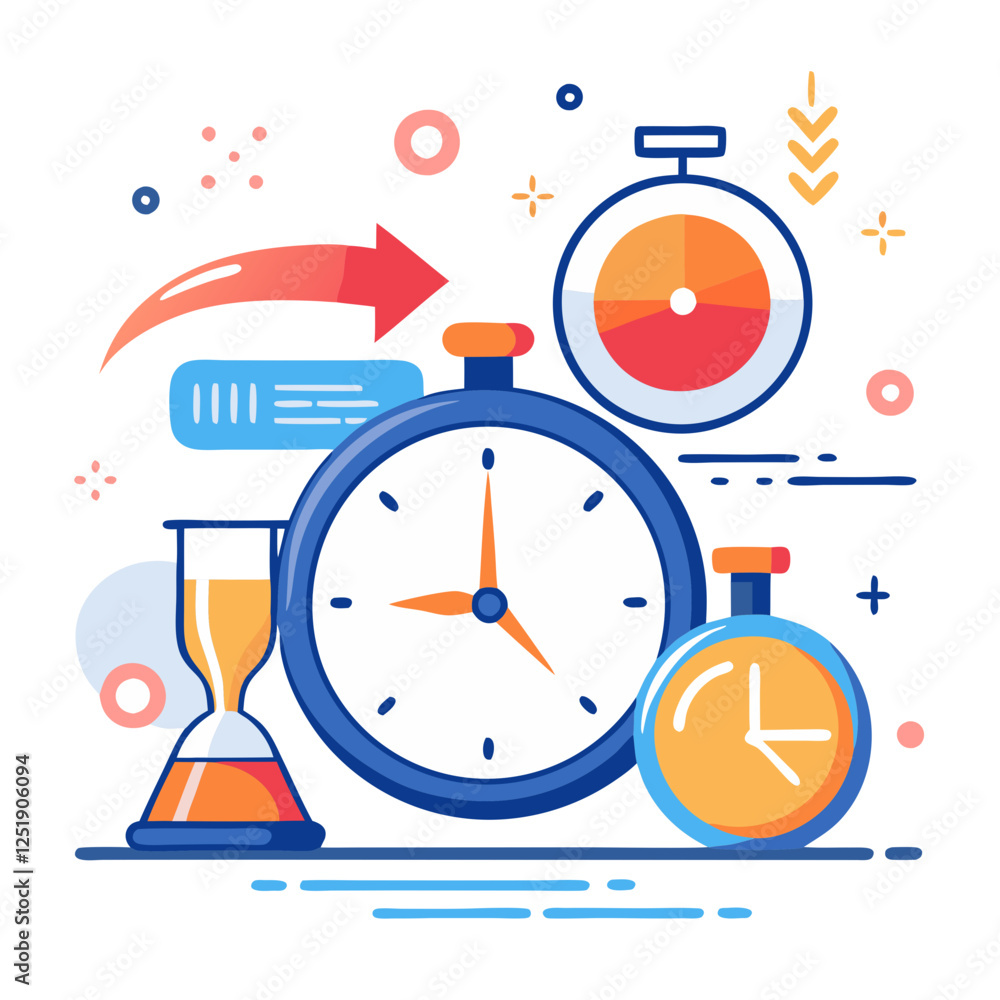 Poster Different types of clocks and timers are illustrated, showcasing the concept of countdowns and time limits. The design emphasizes urgency and effective time management without distractions