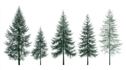 Obraz premium Evergreen trees of varying heights, isolated on white background, nature illustration, for design