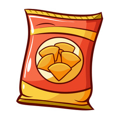 Brightly colored cartoon illustration of a chip bag, prominently featuring a circular design with golden crispy chips inside. The package showcases a playful artistic style
