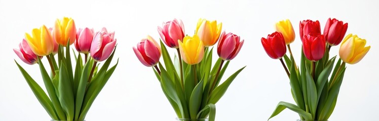 Naklejka premium Three spring tulip flowers bouquet set of yellow, red, pink colors with vibrant green leaves. Floral arrangement for wedding, celebration in garden. Romance, growth blossom on white backdrop.
