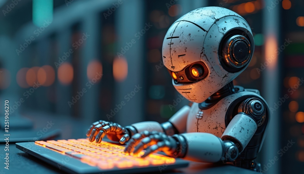 Leinwandbilder ai powered robotic chatbot types on glowing keyboard offering customer service, support. cyborg assi