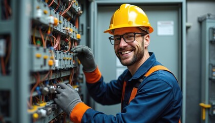 Smiling electrician works on complex electrical panel. He wears safety helmet and gloves. Tech does maintenance connecting wires in system. Male pro portrait at work. High quality image.