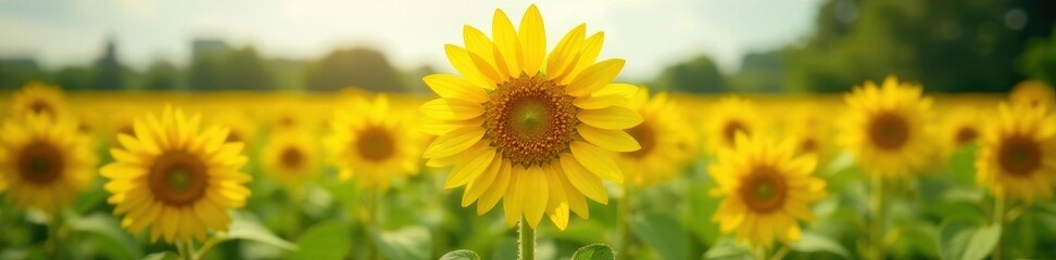 Fototapeta premium Tall sunflower facing straight with bright yellow petals, nature, blossoms, flowers
