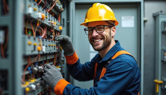 Smiling electrician works on complex electrical panel. He wears safety helmet and gloves. Tech does maintenance connecting wires in system. Male pro portrait at work. High quality image.