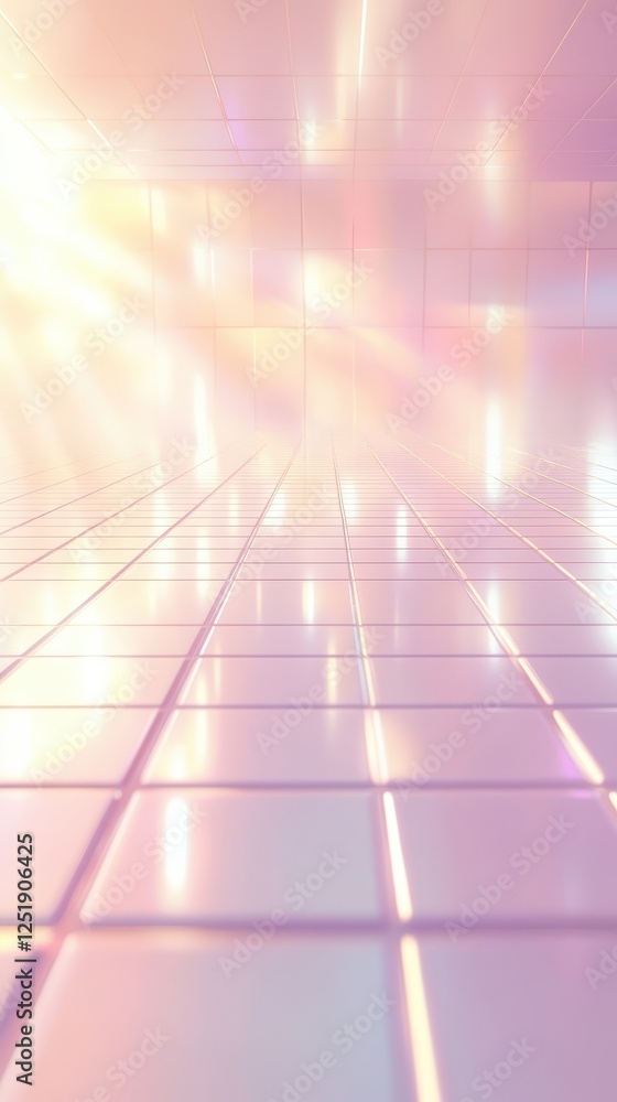 Poster softly glowing iridescent tiles create an ethereal dimensional space