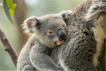 Obraz premium Baby Koalas, A baby koala cuddles closely to its parent, nestled against the soft, textured fur amidst a natural, leafy environment in Australia.