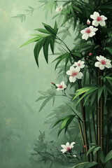 Illustrated Bamboo and Cherry Blossom Scene with Soft Green Tones