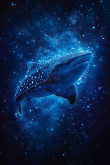 Fototapeta premium Cosmic whale shark glowing in a deep blue galaxy with ethereal starry light