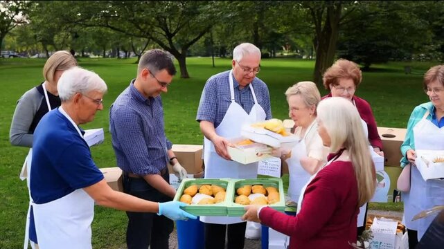 Dedicated volunteers gather in a community park to distribute food to those in need, showcasing teamwork and kindness in action during a lively afternoon event