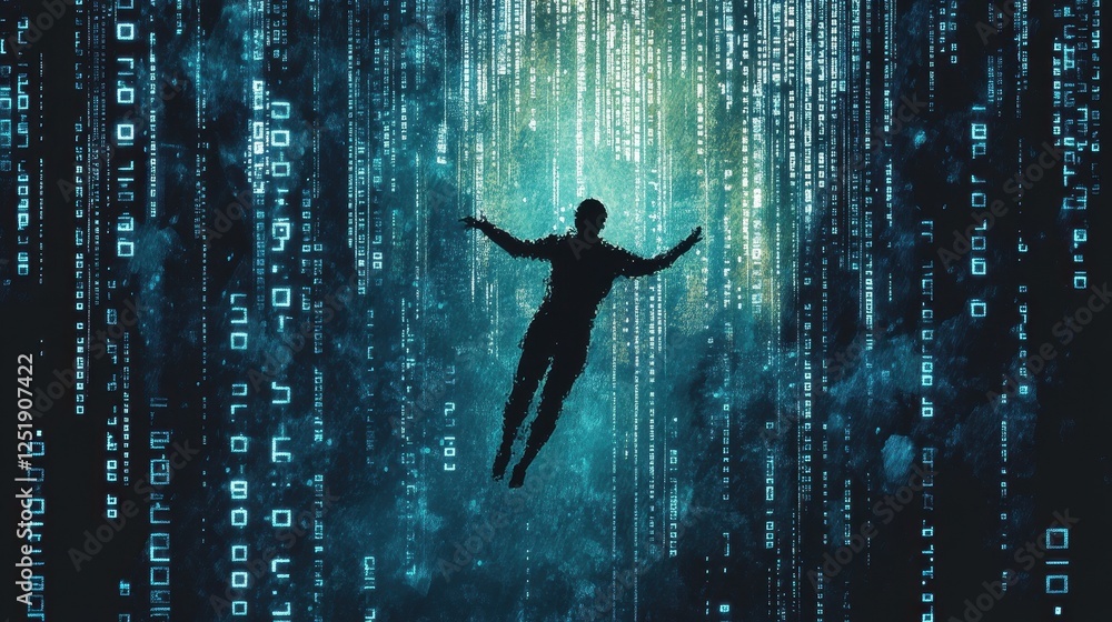 Poster silhouette of a person falling in a matrix rain pattern