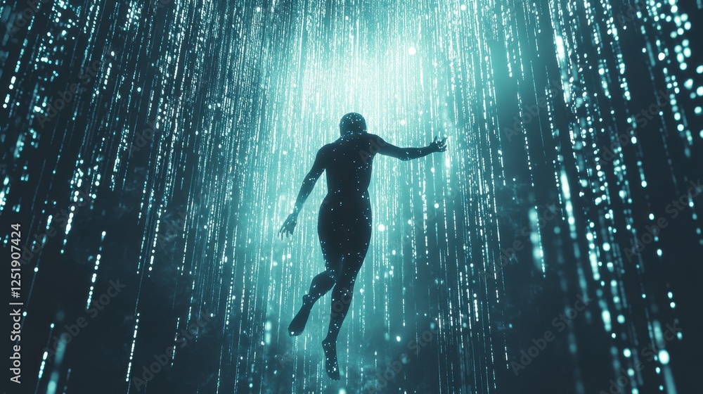 Poster silhouette floating amidst falling bright data streams or light