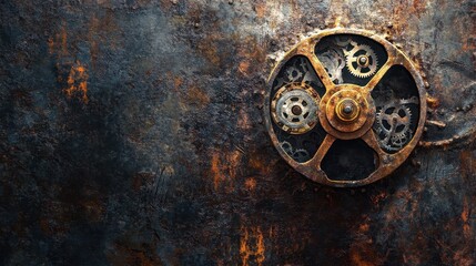 Obraz premium Rusting gears and mechanical parts form a textured steampunk aesthetic