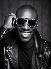 Stylish Black and White Elegant Young African American man Portrait, Urban Chic Elegance. Fashion model with sunglasses.