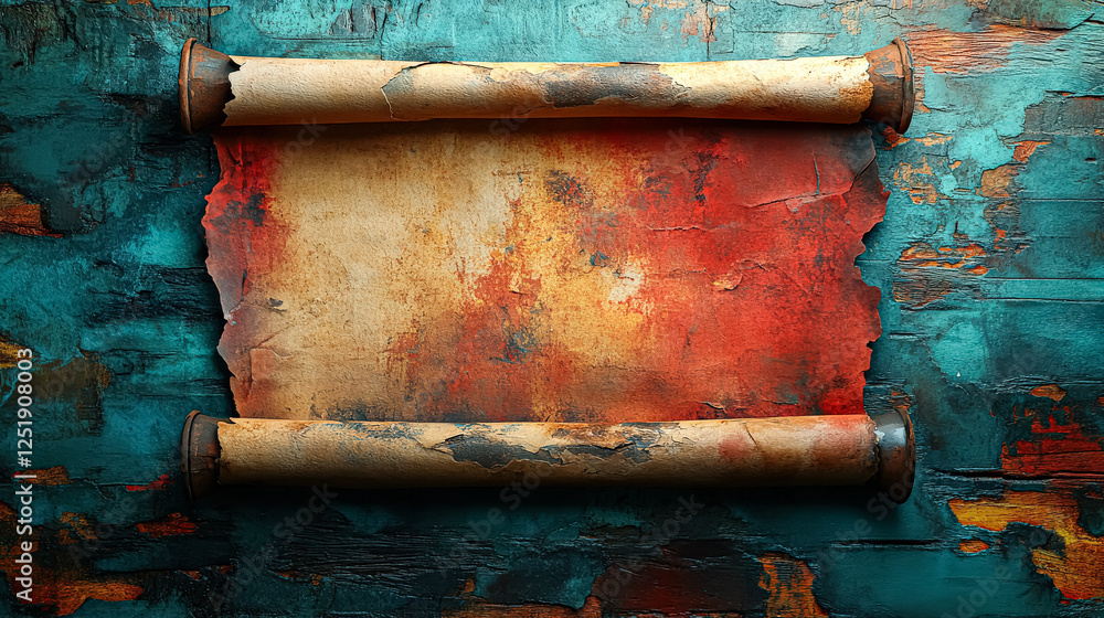 Poster scroll with a red and yellow background. the scroll is empty and has a rustic look