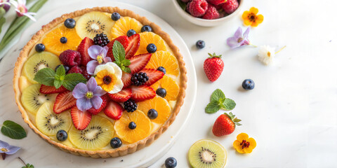 Homemade fruit tart with fresh berries and edible flowers on white surface