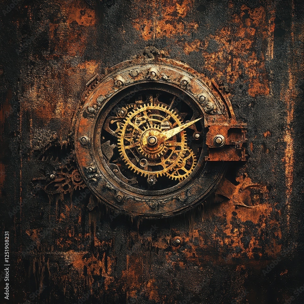 Poster steampunk clockwork mechanism embedded in rusted metal surface