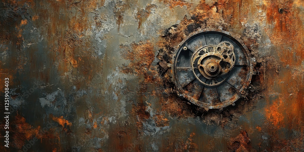 Aufkleber rusty gears and mechanism embedded in a weathered metallic surface