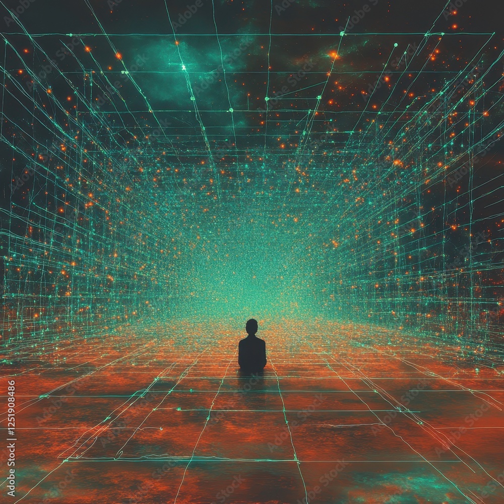 Poster Silhouette sits in data cube of interconnected nodes and lines