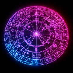 Glowing neon zodiac chart with astrological symbols on a dark background